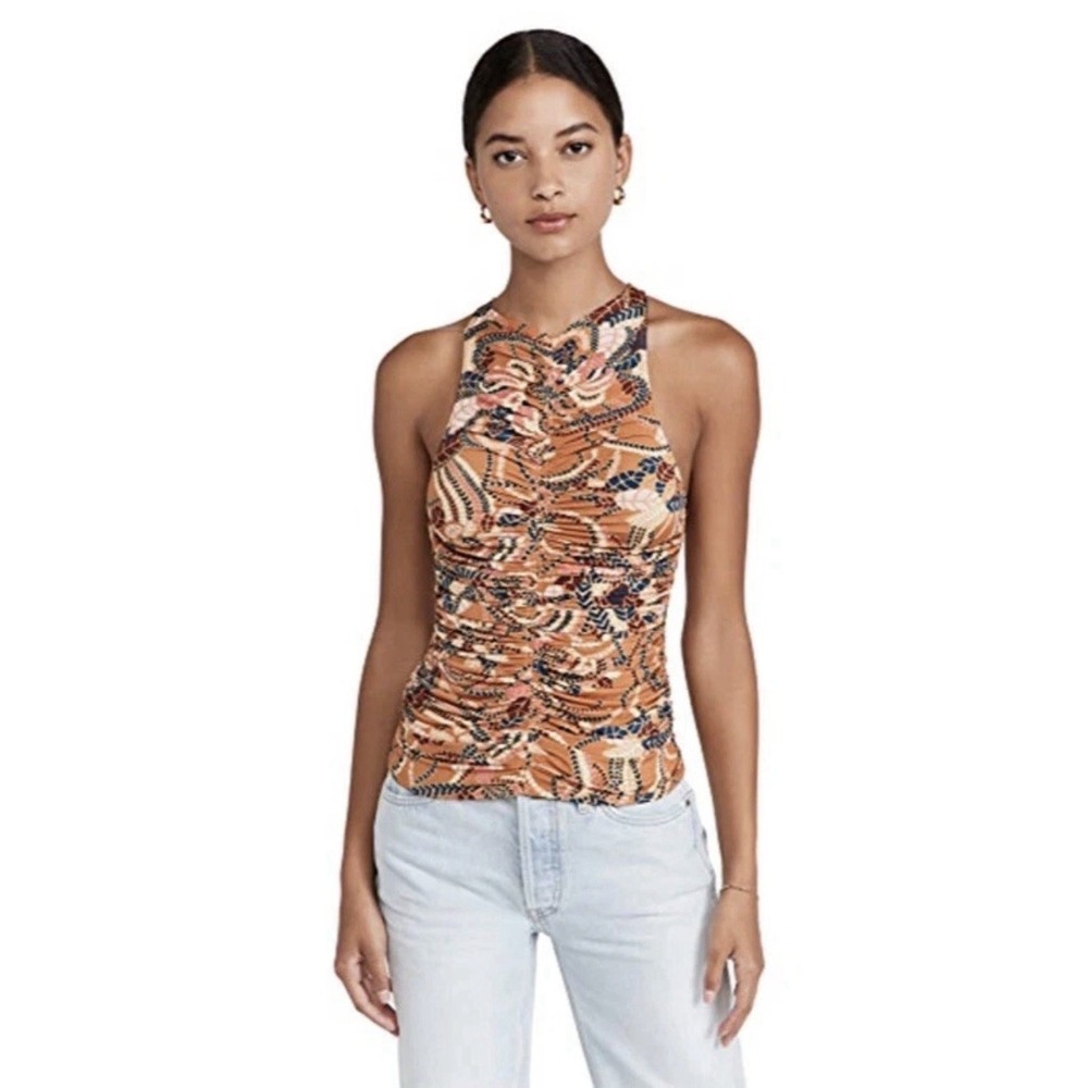 A.L.C. Adley Ruched Mock Neck Top Orange Print Sleeveless Bodycon Stretch.Sz XS